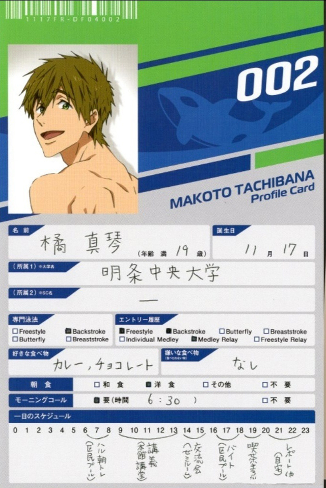 「Free！」角色填写信息表公开