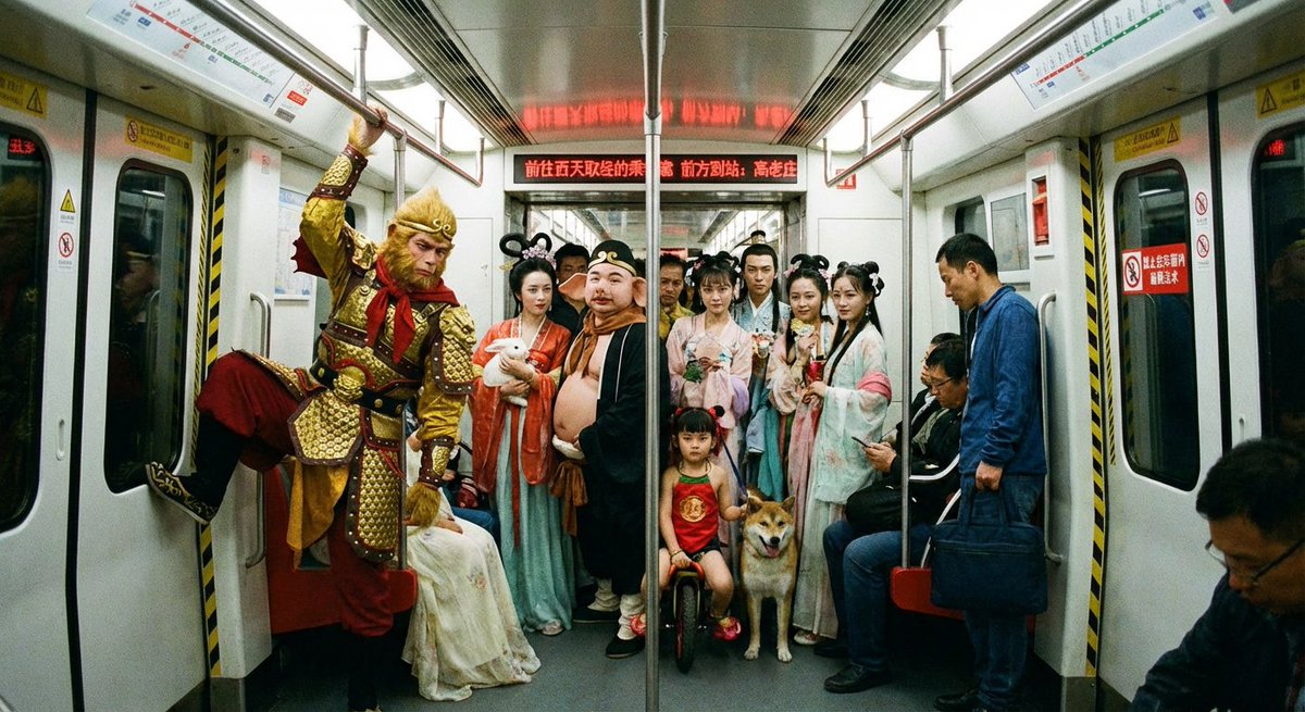 拥挤的北京地铁车厢，但乘客全是神话人物