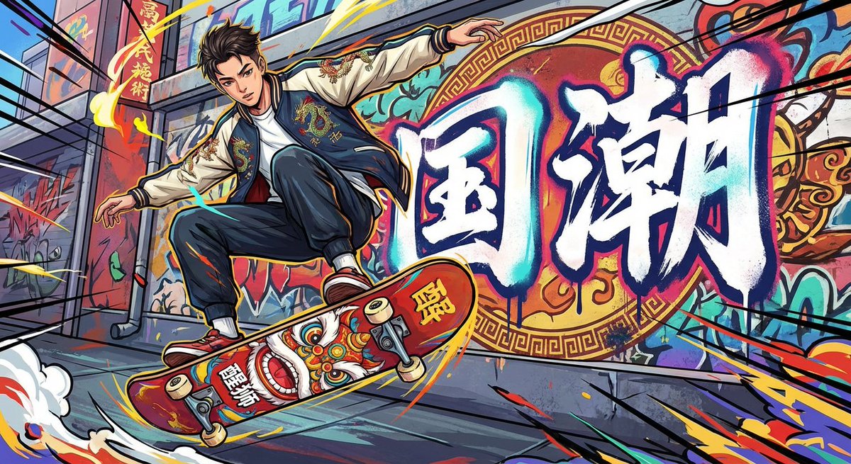 潮流插画风格，一个穿着国潮服饰的少年