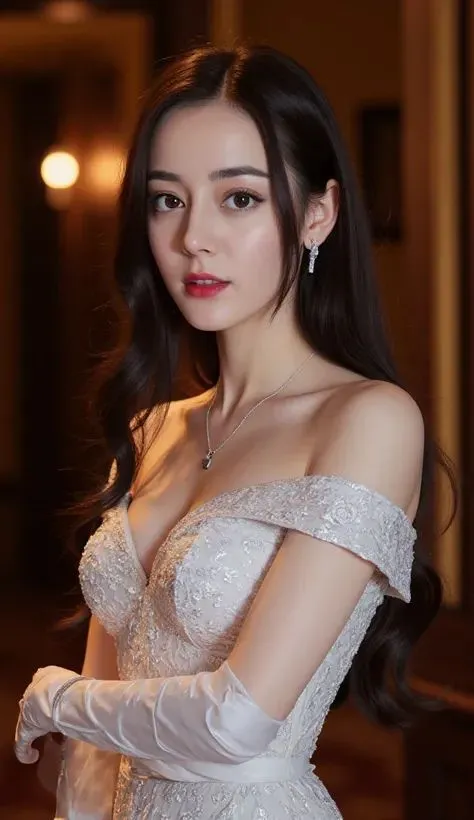 女子身穿白色露肩蕾丝婚纱