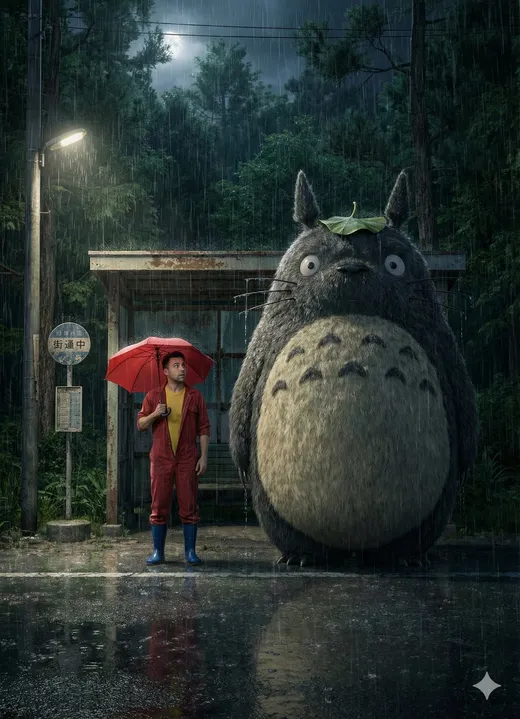 日本乡村公交车站雨夜的场景