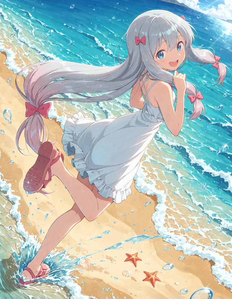 银发双马尾少女海边沙滩动漫插画【图包】