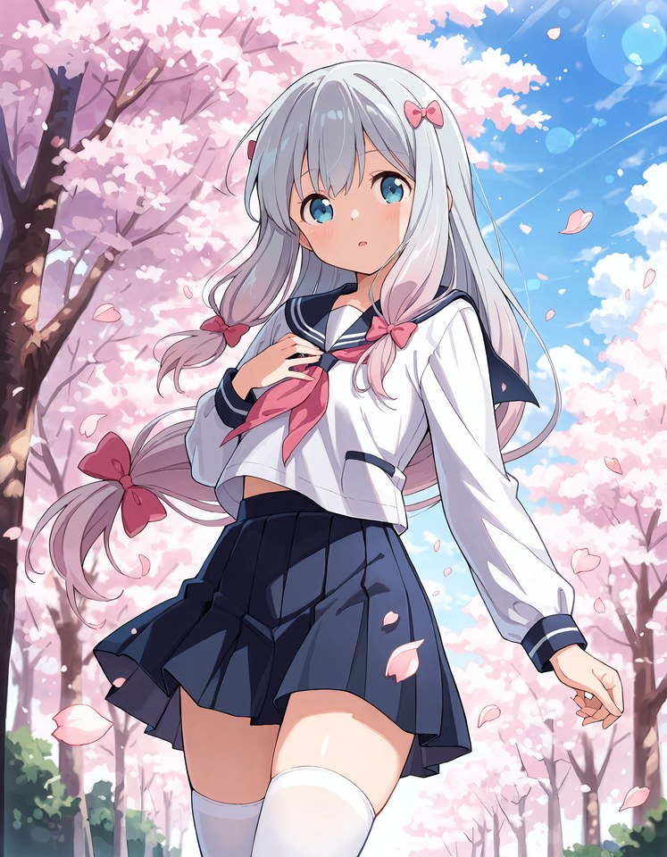 樱花树下银发水手服少女动漫插画【图包】