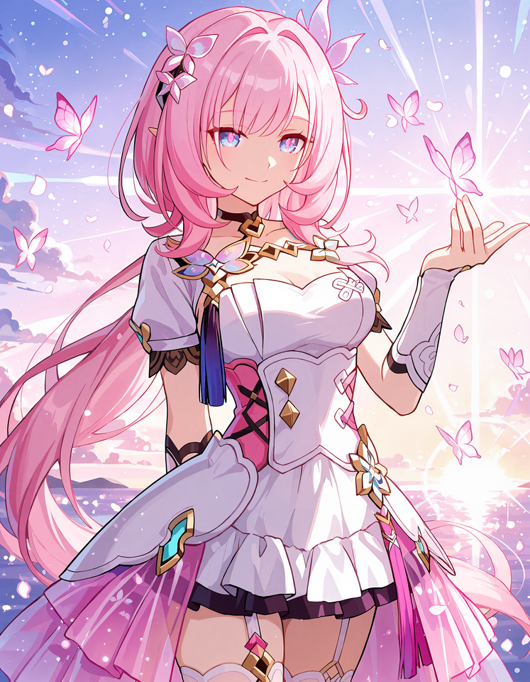 粉色长发少女蝴蝶裙装二次元插画【图包】