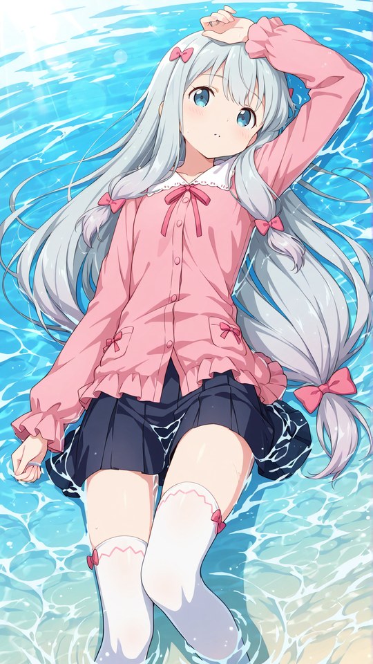银发蓝眼动漫少女水边插画【图包】