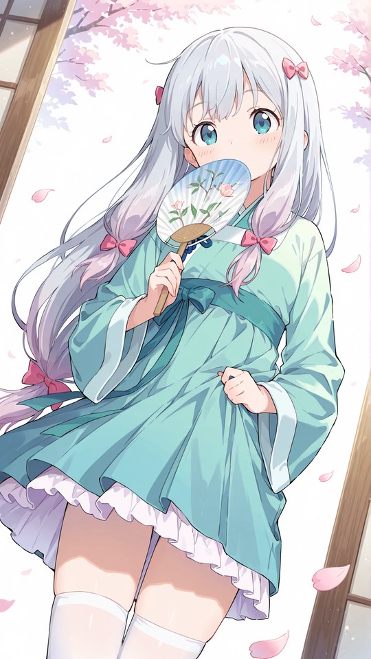 银发少女和服团扇樱花动漫插画【图包】