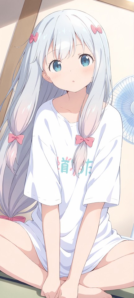 白发蓝眼动漫少女居家坐姿插画【图包】