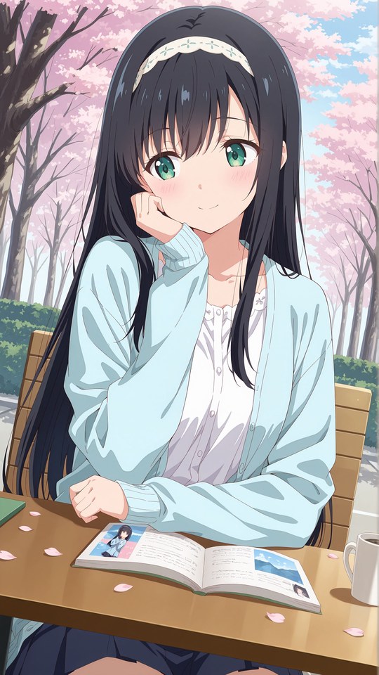 黑长直动漫少女樱花树下看书插画【图包】