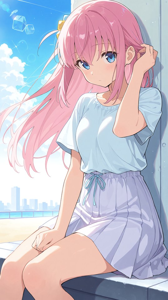 二次元粉色长发少女海边插画【图包】