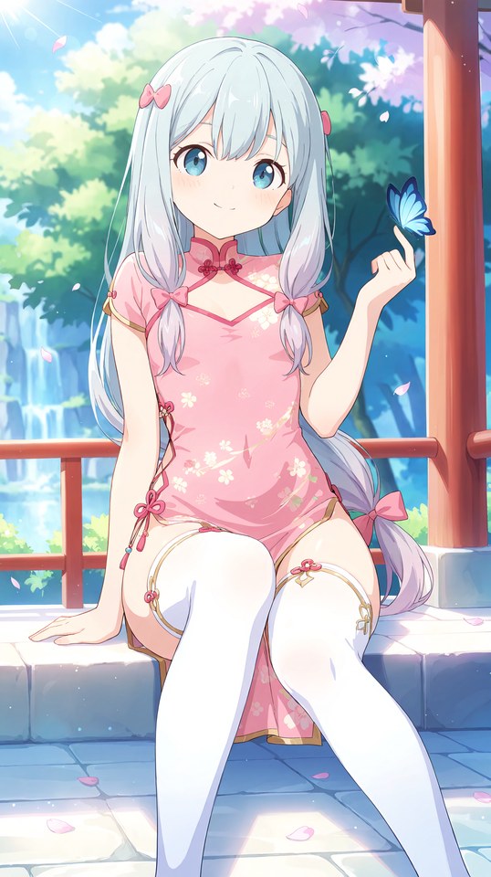 银发双马尾少女粉色旗袍蝴蝶插画【图包】