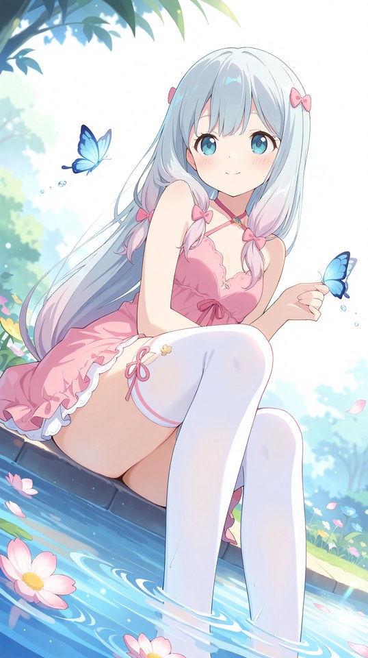 二次元清新少女水边蝴蝶插画【图包】