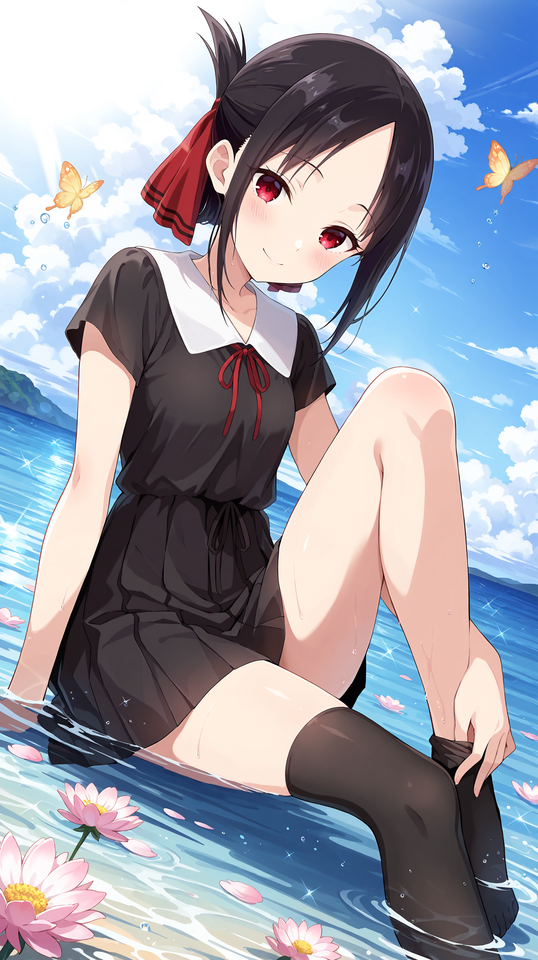二次元黑发红瞳少女海边夏日插画【图包】