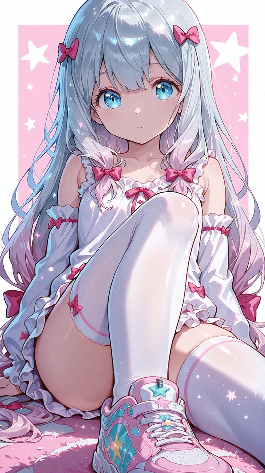 银蓝长发蓝眼二次元少女粉色星星鞋【图包】