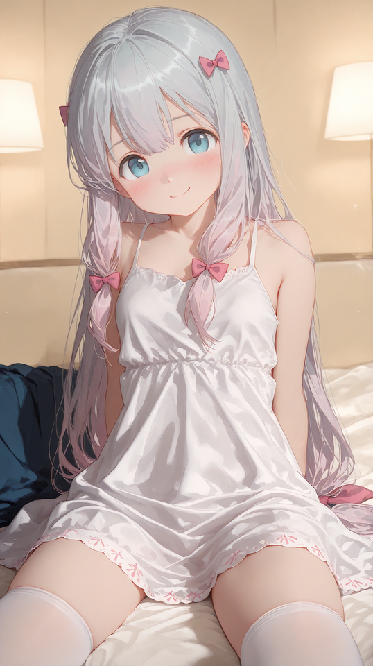 银发双马尾少女白色睡裙卧室插画【图包】