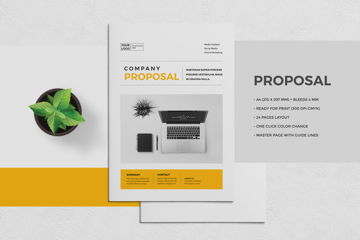 28页黄灰色专业提案建议模板（InDesign）