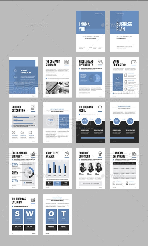 蓝色简约欧美风格企业宣传画册模板