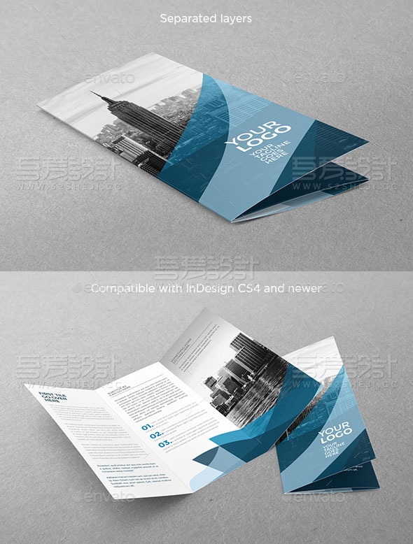 现代风格蓝色商务三折页模板