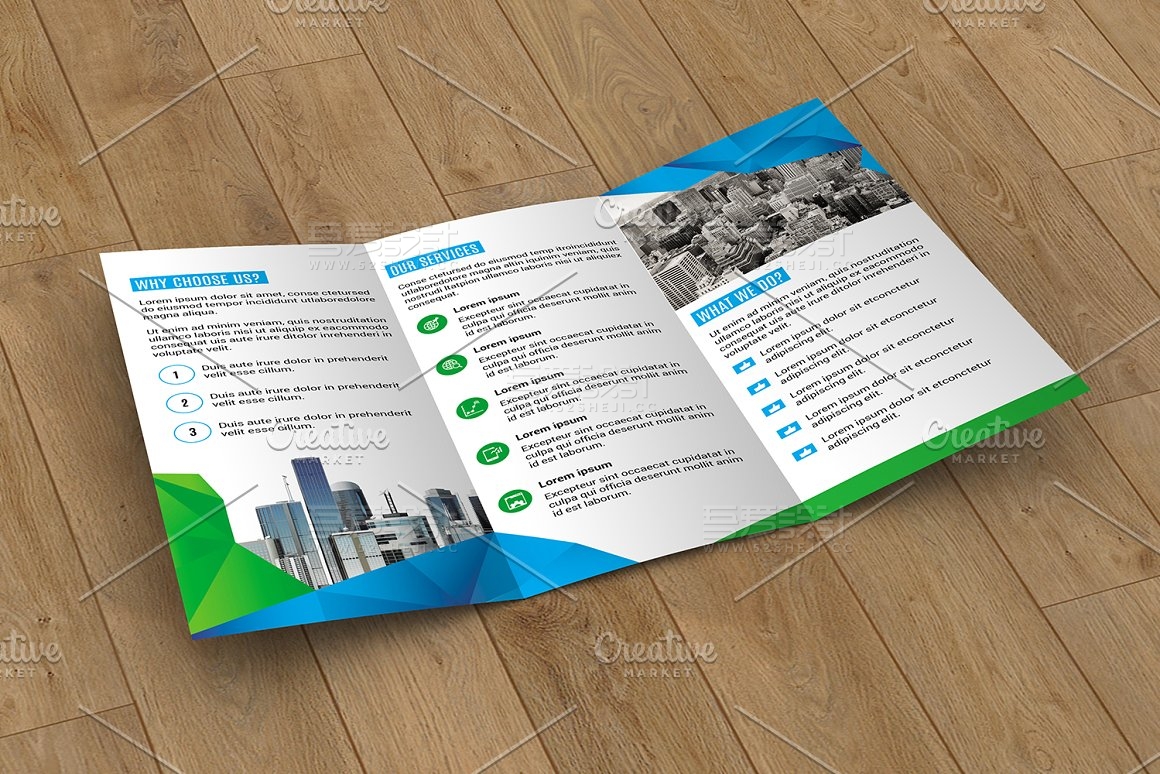 蓝绿色高端大气企业展示三折页模板