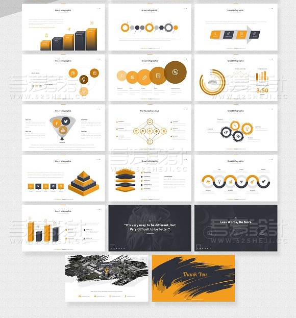 50页橙黄色书法泼墨效果高端PPT中西集合模板