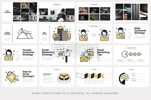 70页土豪金配色商务卡通风格PPT模板
