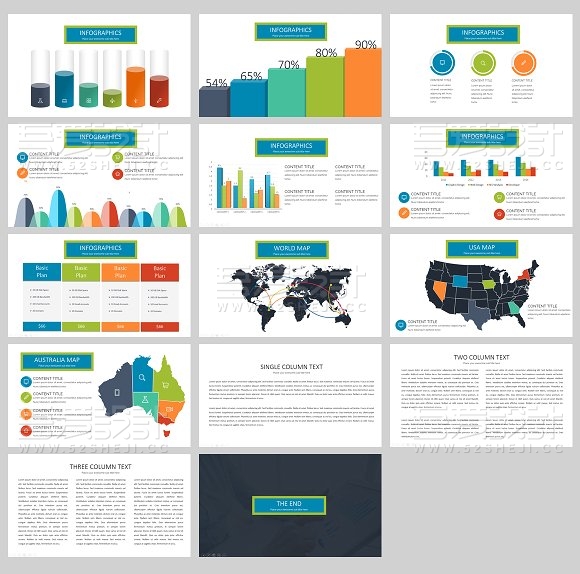 110页商务多色系搭配立体图形多用途PPT模板