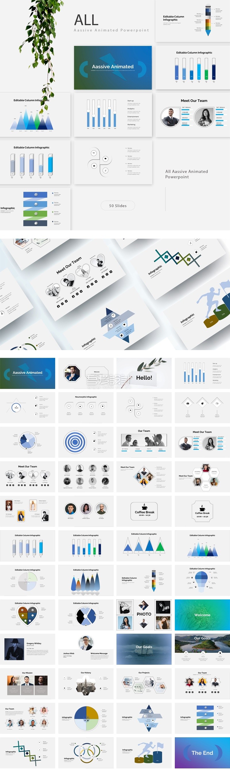 50页蓝紫色动画Powerpoint演示文稿模板