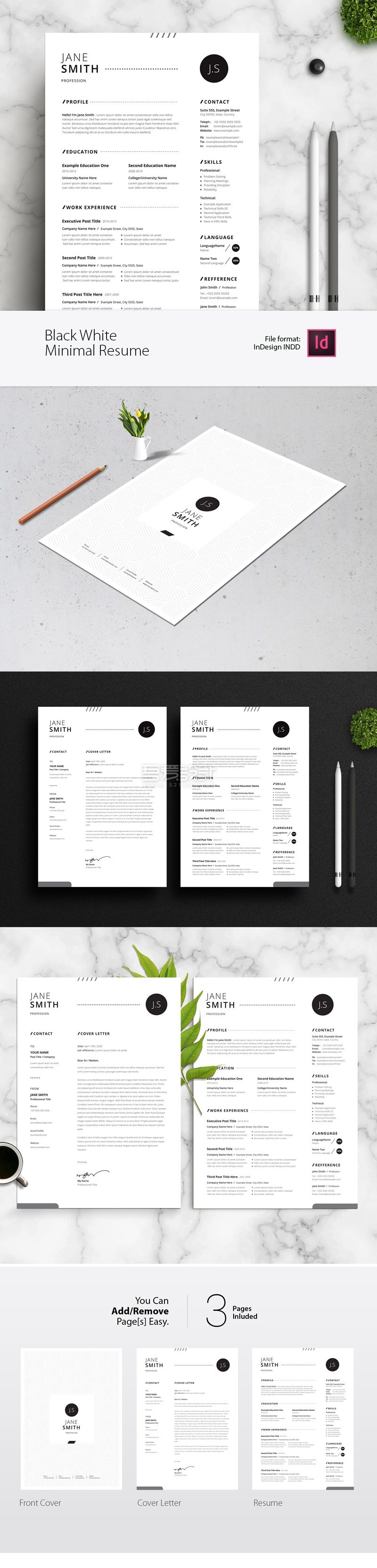 InDesign高级简约黑白个人简历模板