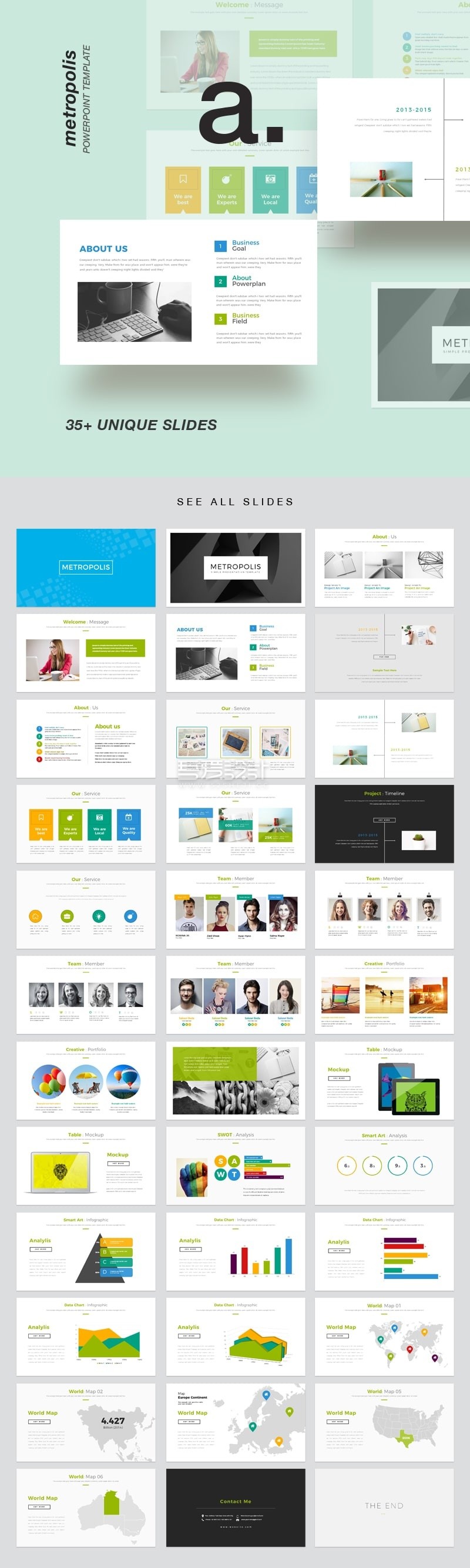 35页蓝绿色大都会简报创意PowerPoint演示模板